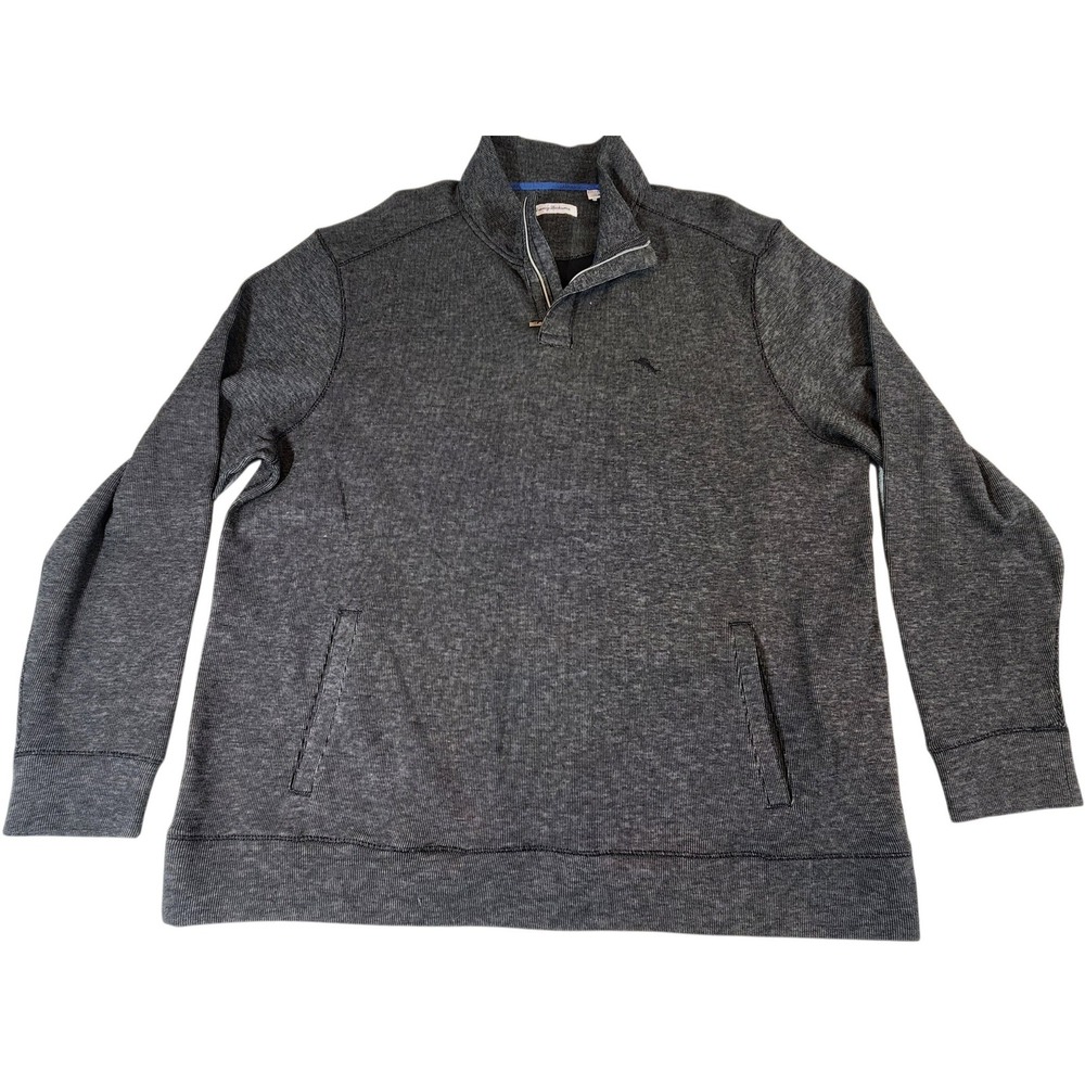 Tommy Bahama Pullover Mens XXL Charcoal Grey Marled Quarter Zip Knit Pockets